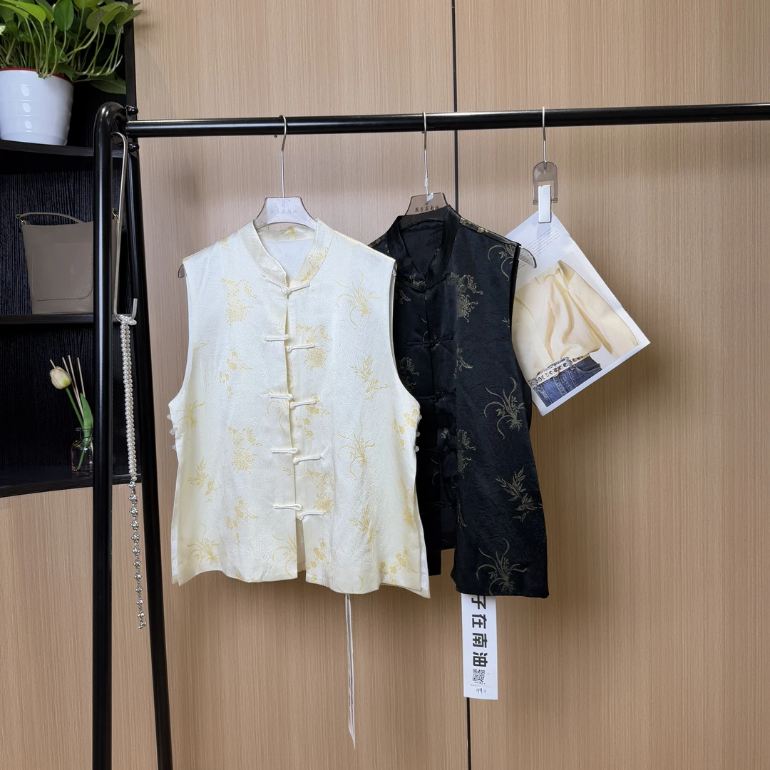 【燕子在南油】衣长58春夏三醋酸压皱印花马甲气质3466
