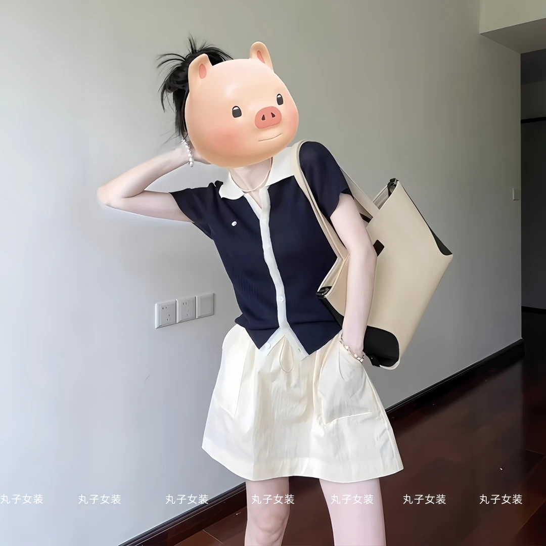 女装夏装套装2025新款爆款撞色Polo领短袖针织t恤上衣气质半身裙