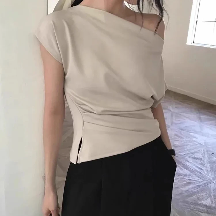 夏季百搭设计感斜领露肩褶皱开叉上衣气质修身显瘦短袖T恤女