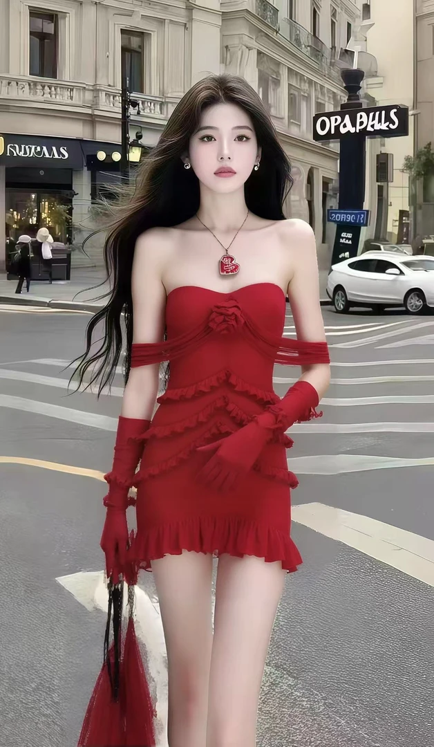 气质名媛性感辣妹风黑色桃心领抹胸修身设计感小众收腰包臀连衣裙