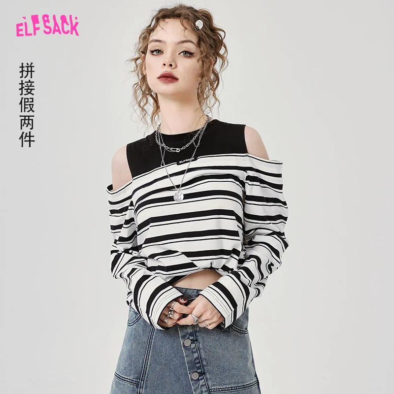 【诗语专属】妖精的口袋海军的未婚妻T恤2025春假两件露肩条纹长