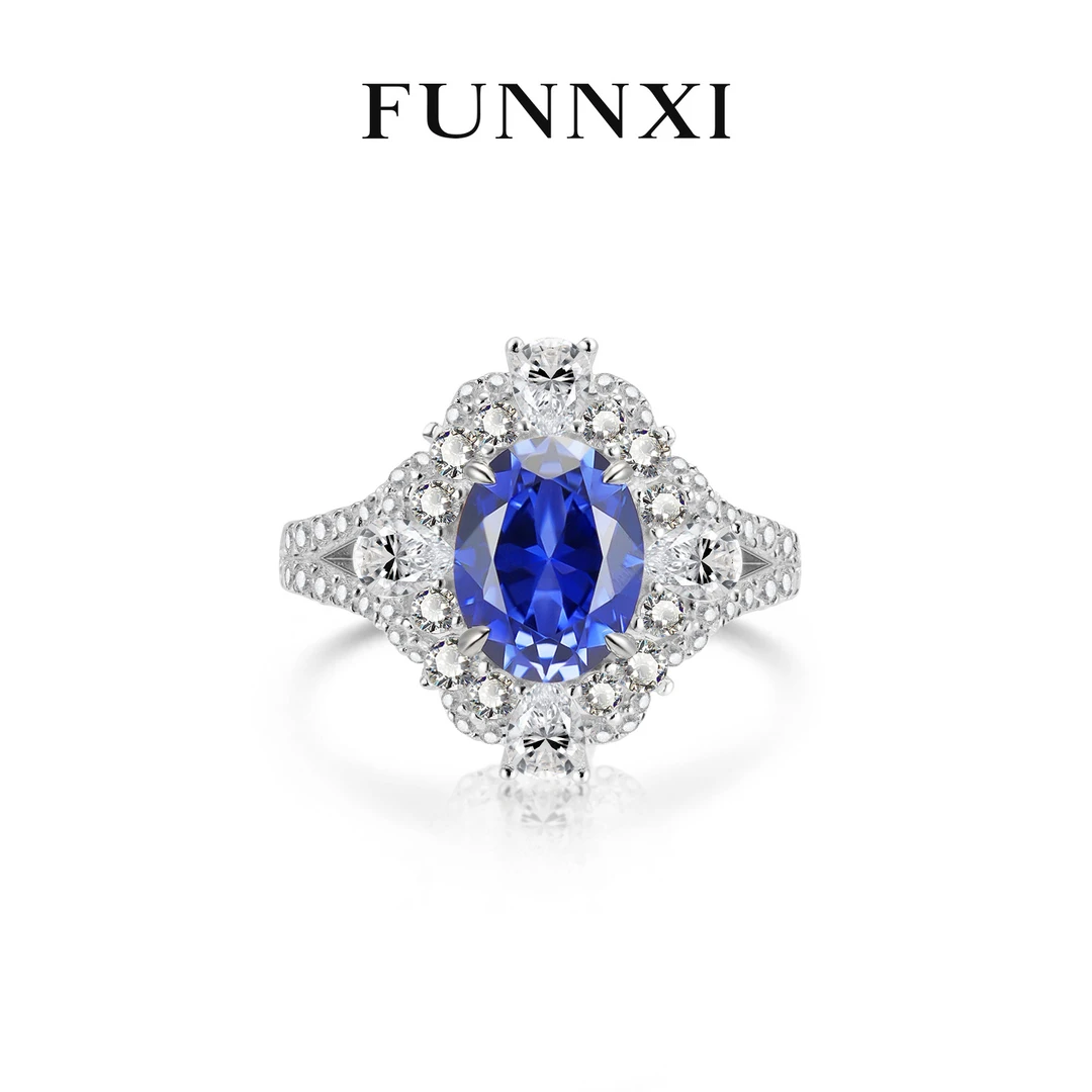 FUNNXI 培育蓝宝石【巴黎旧梦】925银镶蓝色时尚轻奢戒指女款