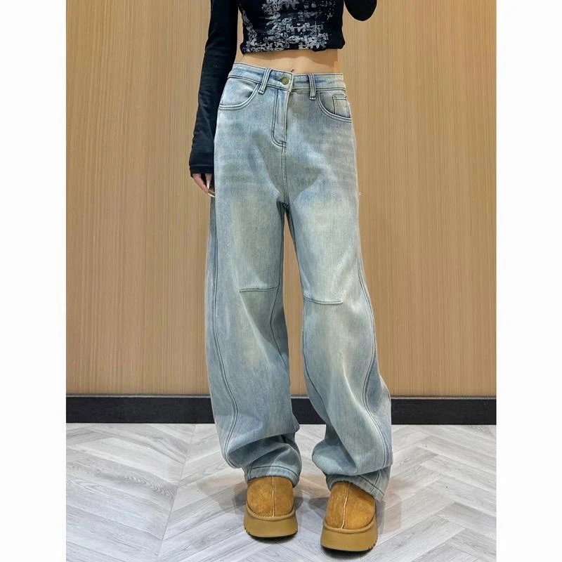 25春秋韩版新款高腰弯刀牛仔裤女垂感设计阔腿显瘦简约休闲拖地裤