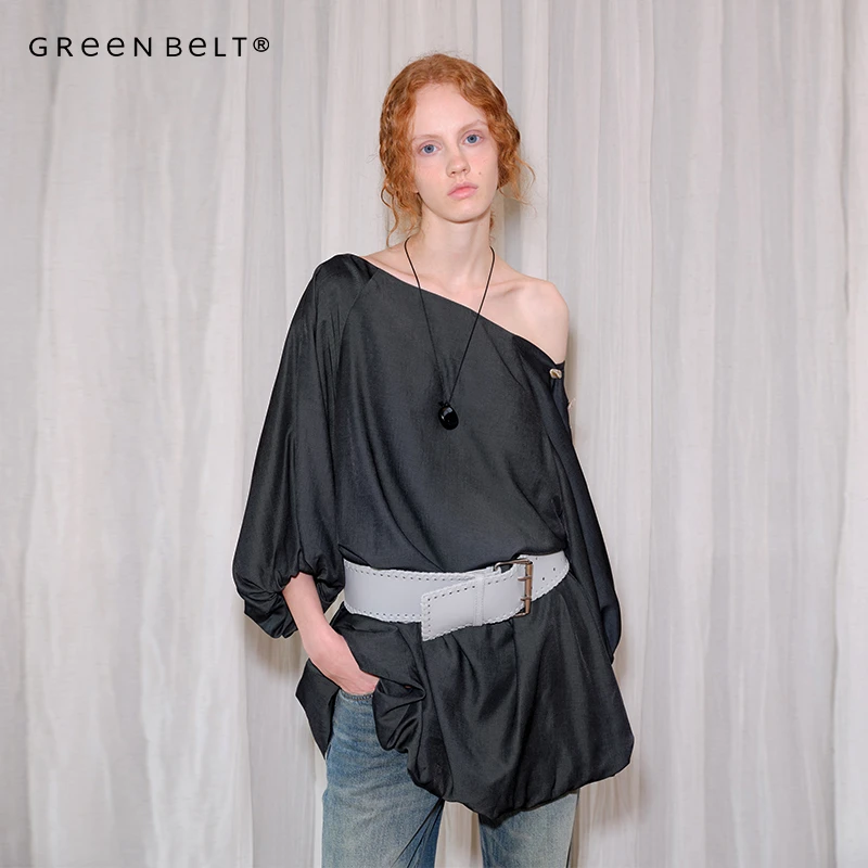 GREEN BELT城市旷野25春斜肩仿天丝牛仔连衣裙女小众设计感花苞裙