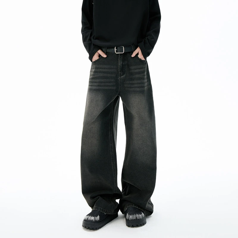 DeweLvum高街猫须水洗做旧牛仔裤男新款潮牌宽松阔腿百搭休闲长裤