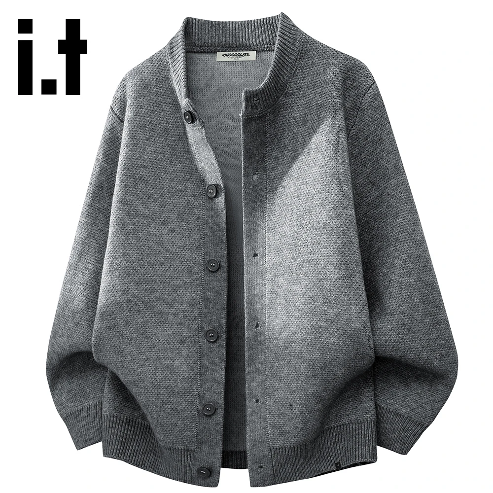 it:CHOCOOLATE深灰色开衫针织毛衣男秋冬保暖时尚百搭休闲外套潮