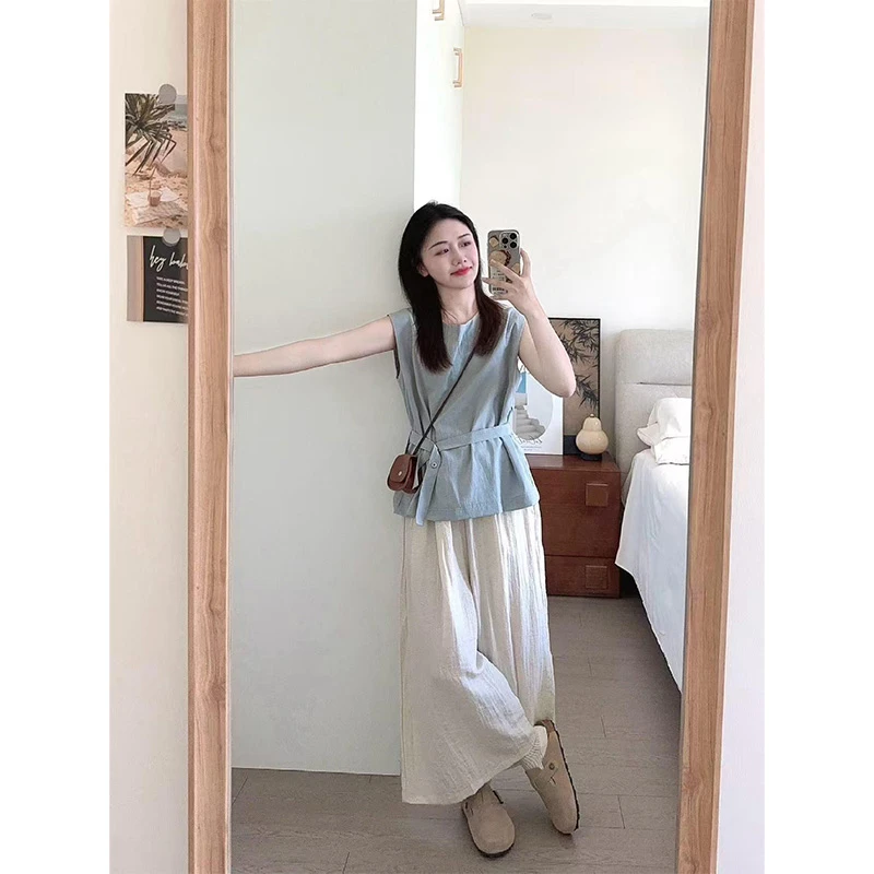 MARIE.COCO慵懒风无袖上衣女2025年夏新款简约高腰阔腿裤两件套