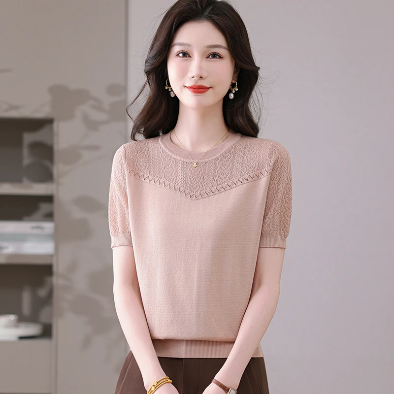 清凉夏季新款女士圆领时尚百搭洋气宽松显瘦款薄款半袖纯色上衣女