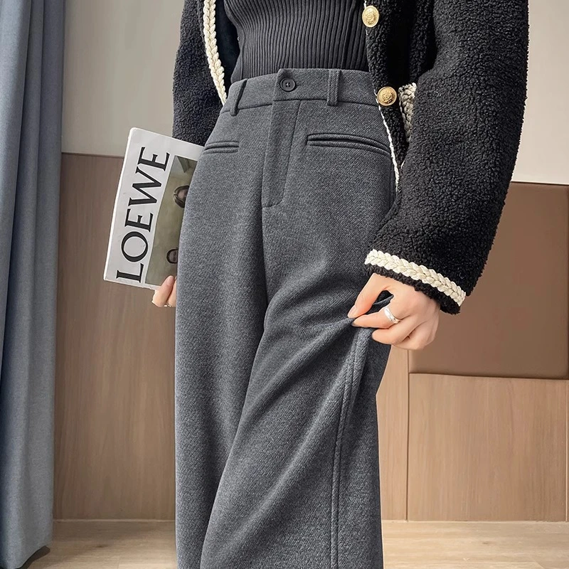 灰色羊毛阔腿裤女秋冬2024新款高级感显瘦宽松休闲加绒毛呢直筒裤