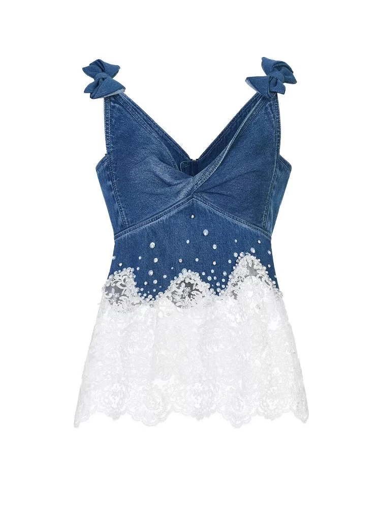 【今安安】蕾丝绣花钉珠拼接牛仔中长款吊带25夏新款