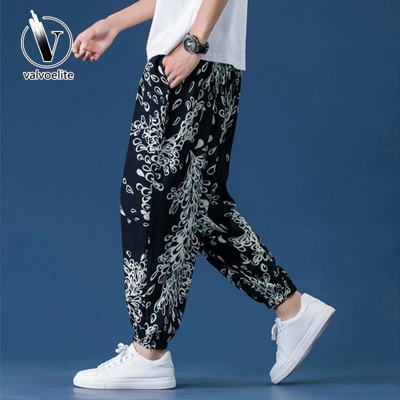 VALVOELITE亚麻夏季男士胖子大码九分灯笼裤子宽松哈伦花裤潮束脚