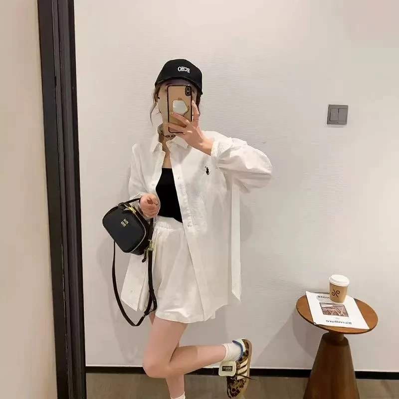 休闲防晒宽松长袖衬衫套装女2025夏季新款轻薄透气时尚短裤两件套