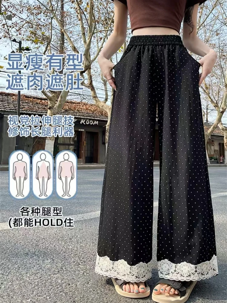 黑色蕾丝波点阔腿裤女2025夏季新款宽松垂感休闲裤高腰薄款九分裤