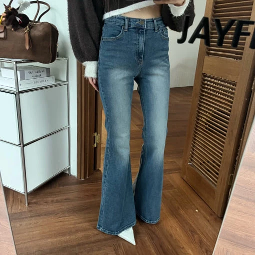 现  弹力 水洗微喇牛仔裤修身长裤