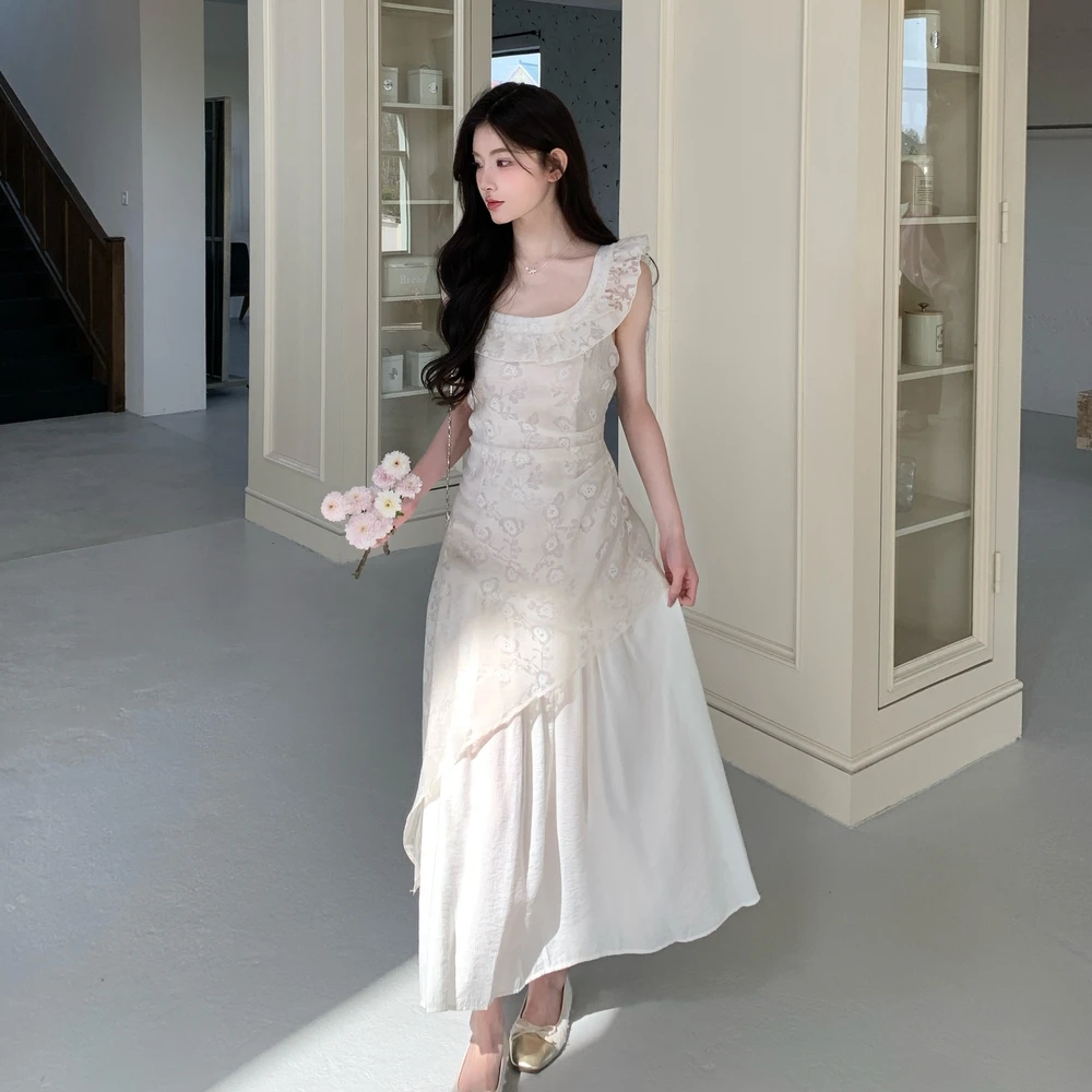 法式甜美拼接假两件连衣裙2025夏季新款优雅不规则蕾丝绣花长裙子