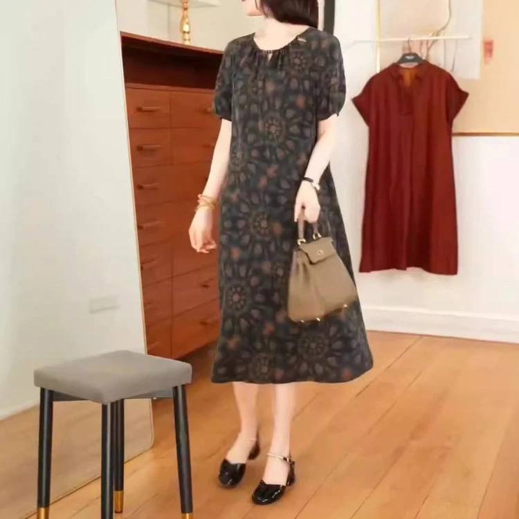 2025时尚夏季新款设计感花纹短袖中长款洋气宽松连衣裙显瘦女裙潮