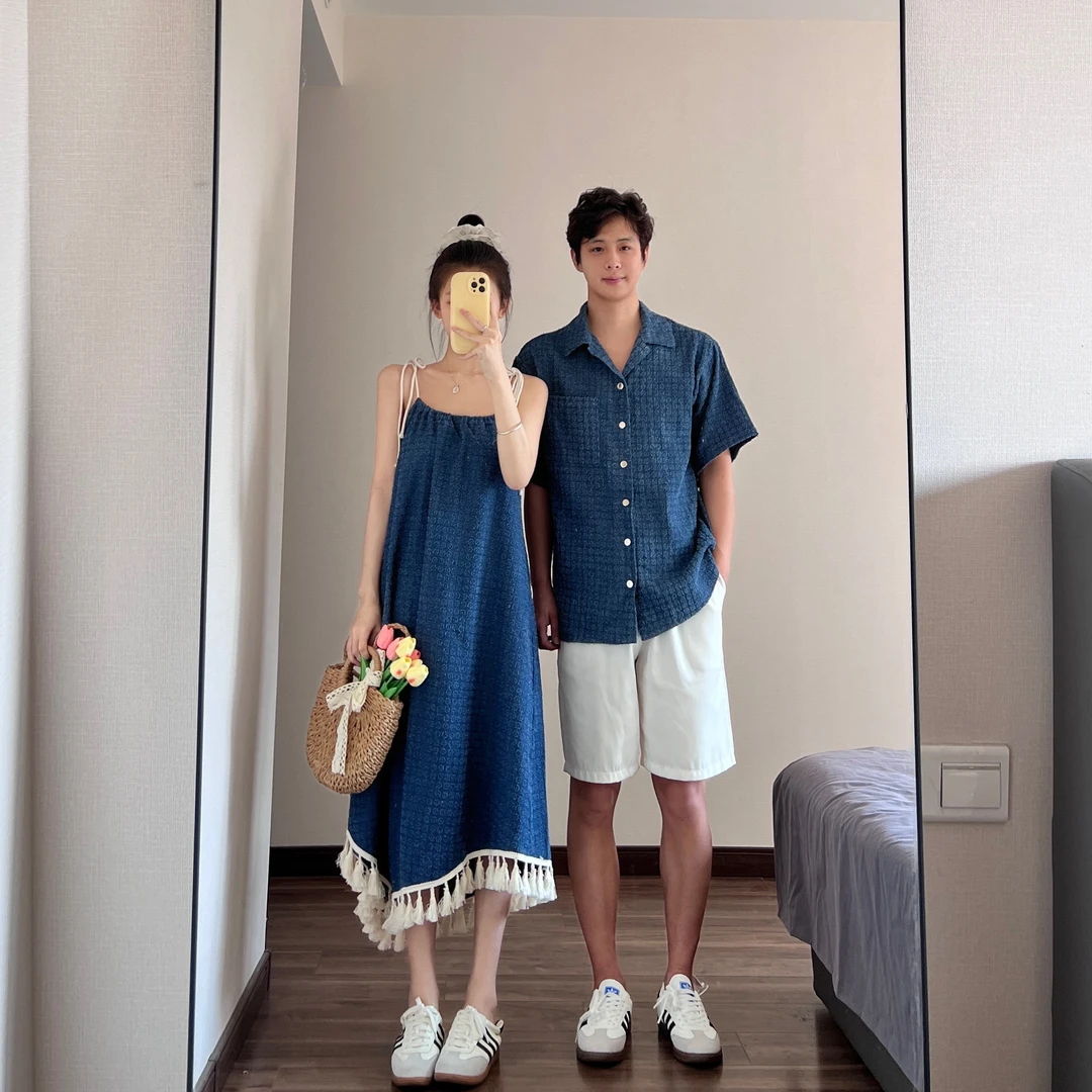 法式连衣裙女夏季新款度假风显瘦高级茶歇吊带过膝中长裙男生衬衫