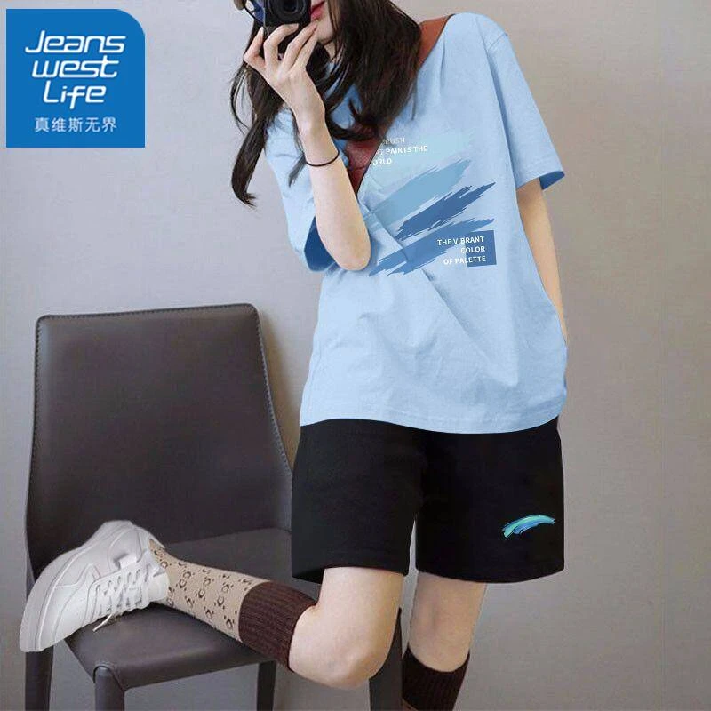 真维斯无界美式休闲运动套装女夏季新款宽松显瘦纯棉短袖短裤两件