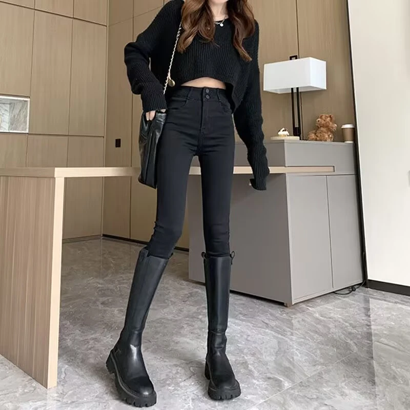 2高腰加绒小脚牛仔长裤