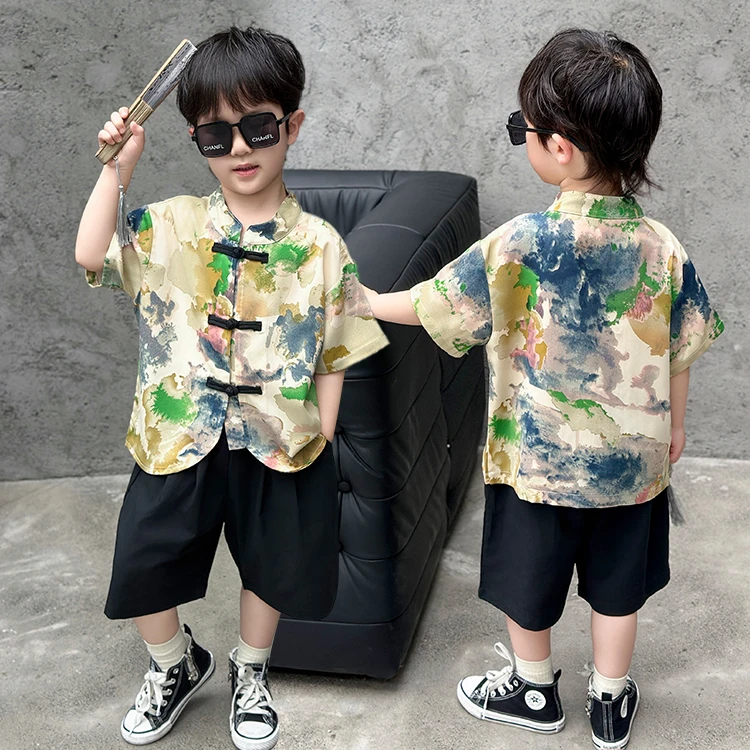 男童汉服夏季薄款2025新款帅气宝宝新中式表演服儿童夏装短袖套装