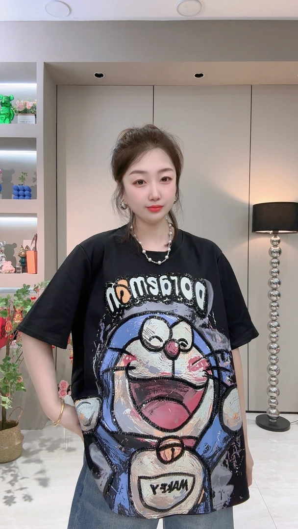 正肩显瘦百搭弹力圆领半袖t恤潮流宽松女装春夏新款叮当猫