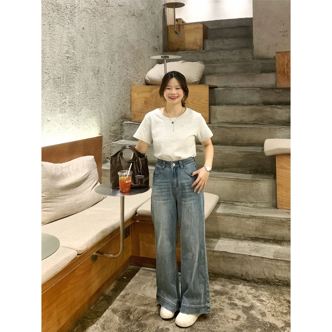 奈看小个子【滑板小狗】夏季新款高腰显瘦百搭休闲阔腿牛仔裤