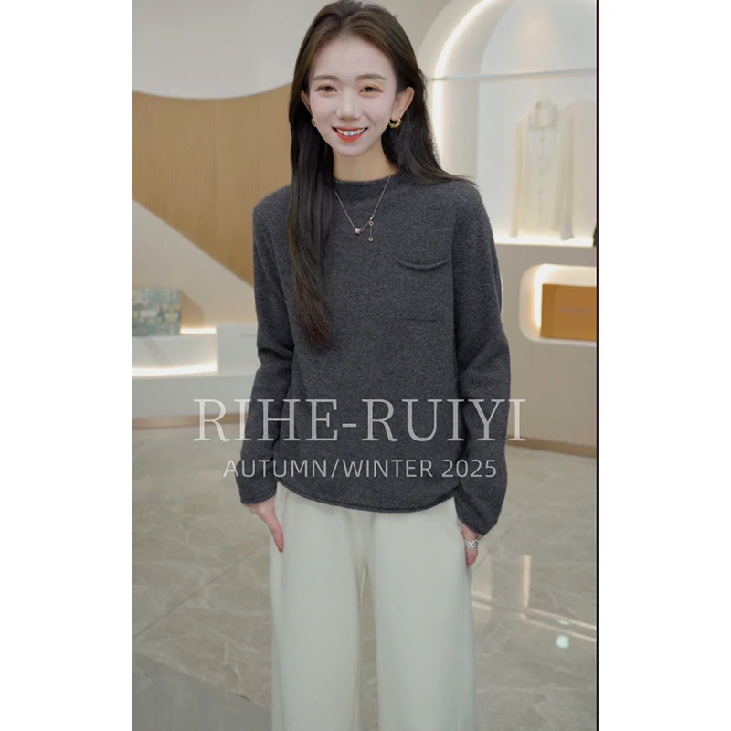 R H  【羊绒T】秋冬新款100山羊绒长袖套头卷边毛衣25909