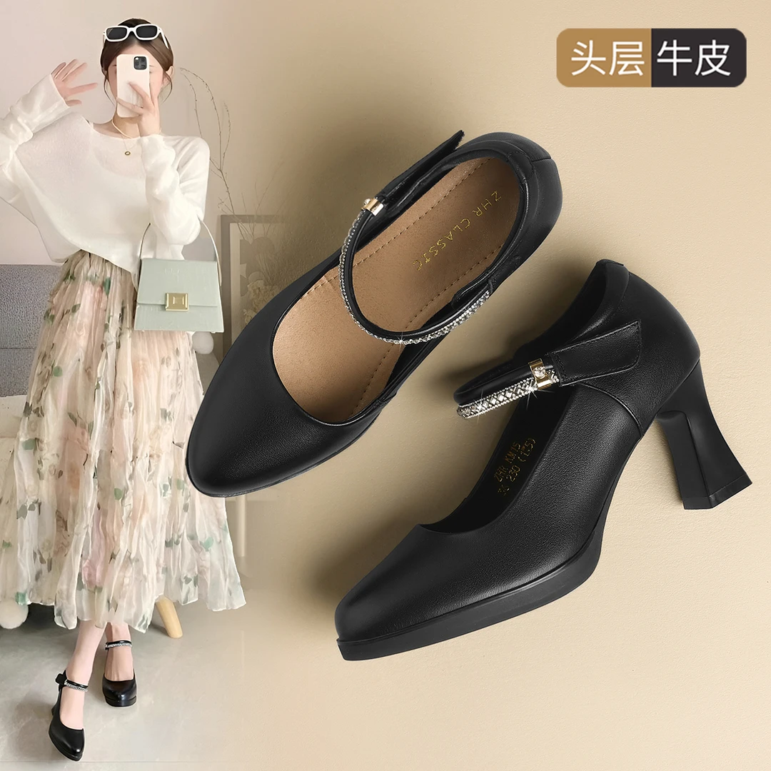 ZHR/则则头层牛皮玛丽珍鞋真皮百搭休闲女鞋2025新款粗跟妈妈单鞋