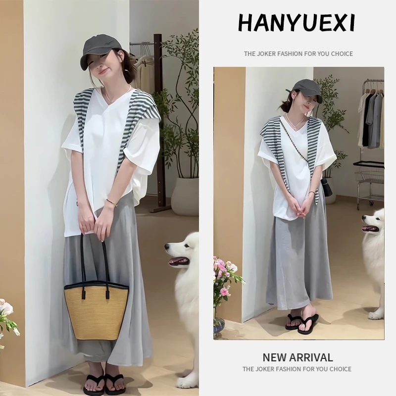 夏季穿搭一整套女2025年新款韩版减龄时尚中长袖上衣半身裙两件套