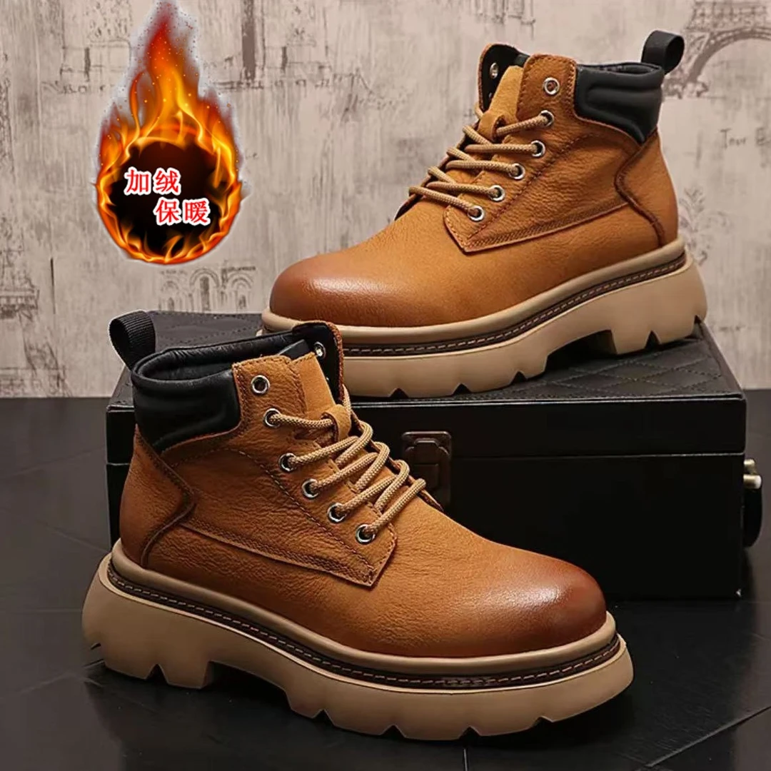 头层牛皮休闲马丁靴男士真皮厚底时尚百搭潮流英伦风中帮加绒潮鞋