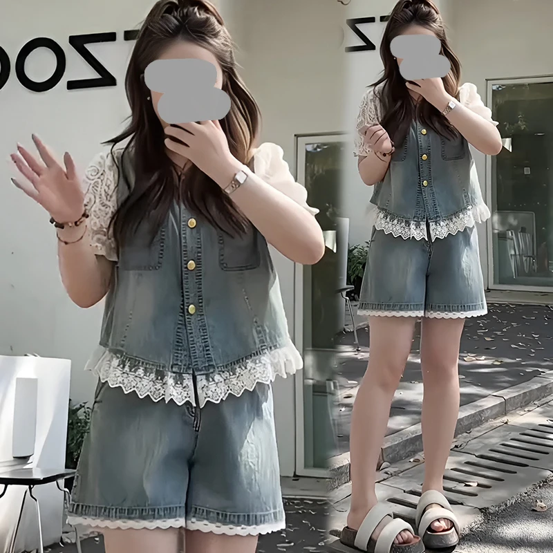 盐系洋气时髦套装女2025夏季新款高级感蕾丝上衣高腰短裤两件套