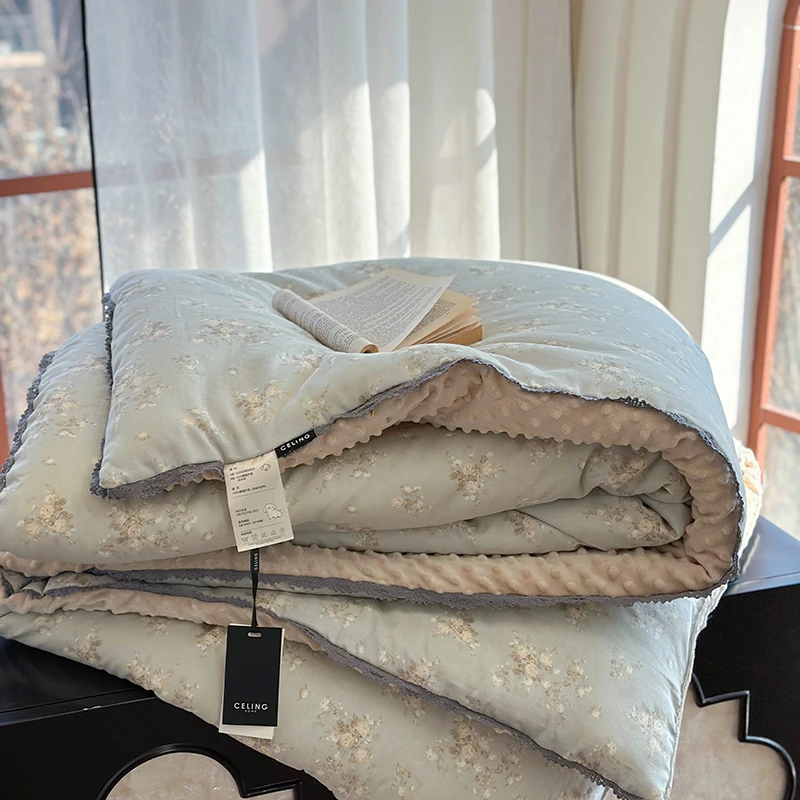A类母婴级全棉双层纱布保暖绒豆豆被子春秋被韩国小碎花加厚冬被