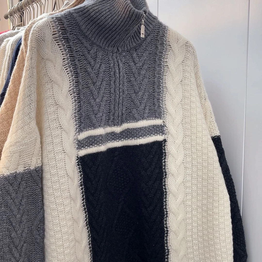 半拉链 纽花 拼色 羊绒衫