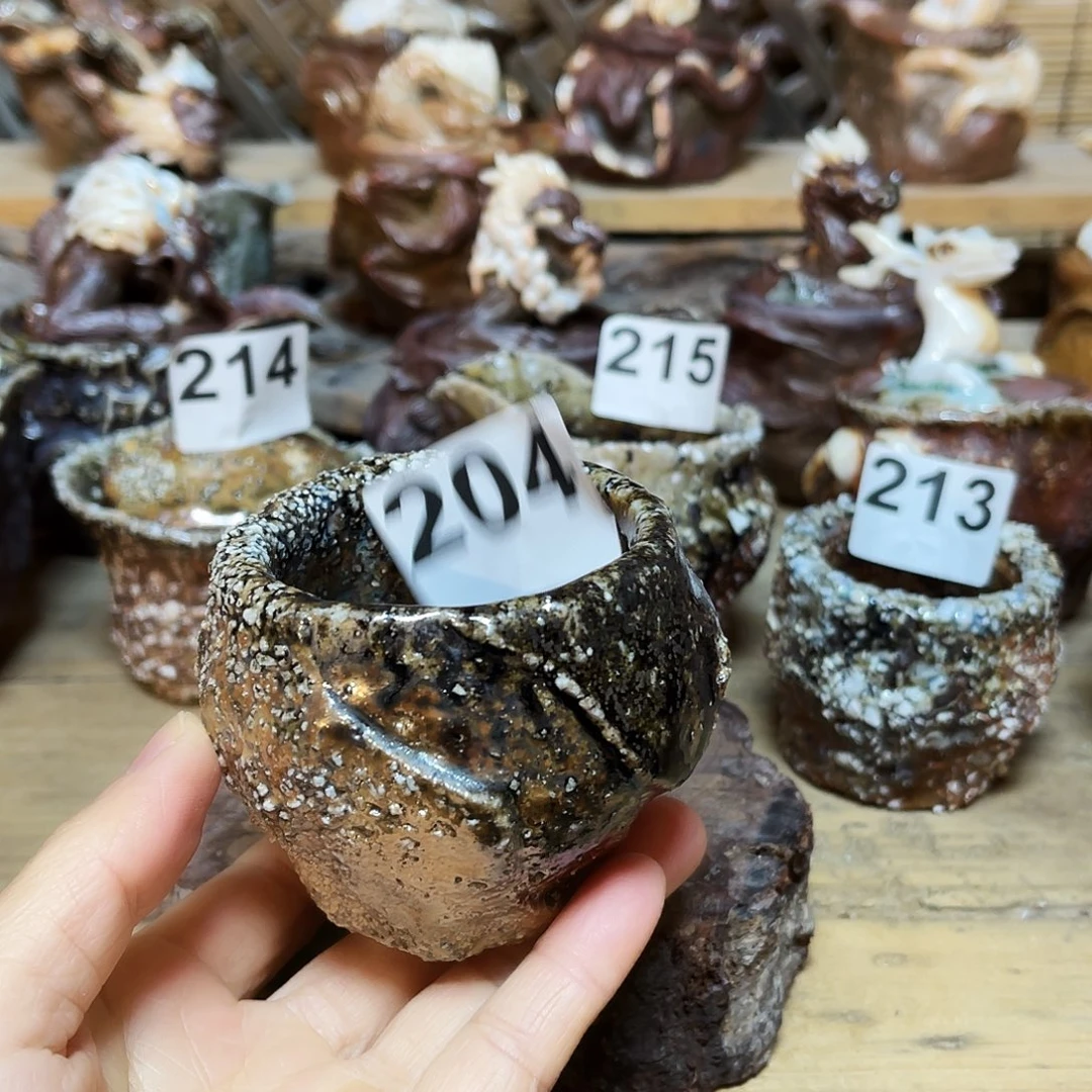 杯老*柴烧粗陶手捏杯粘底