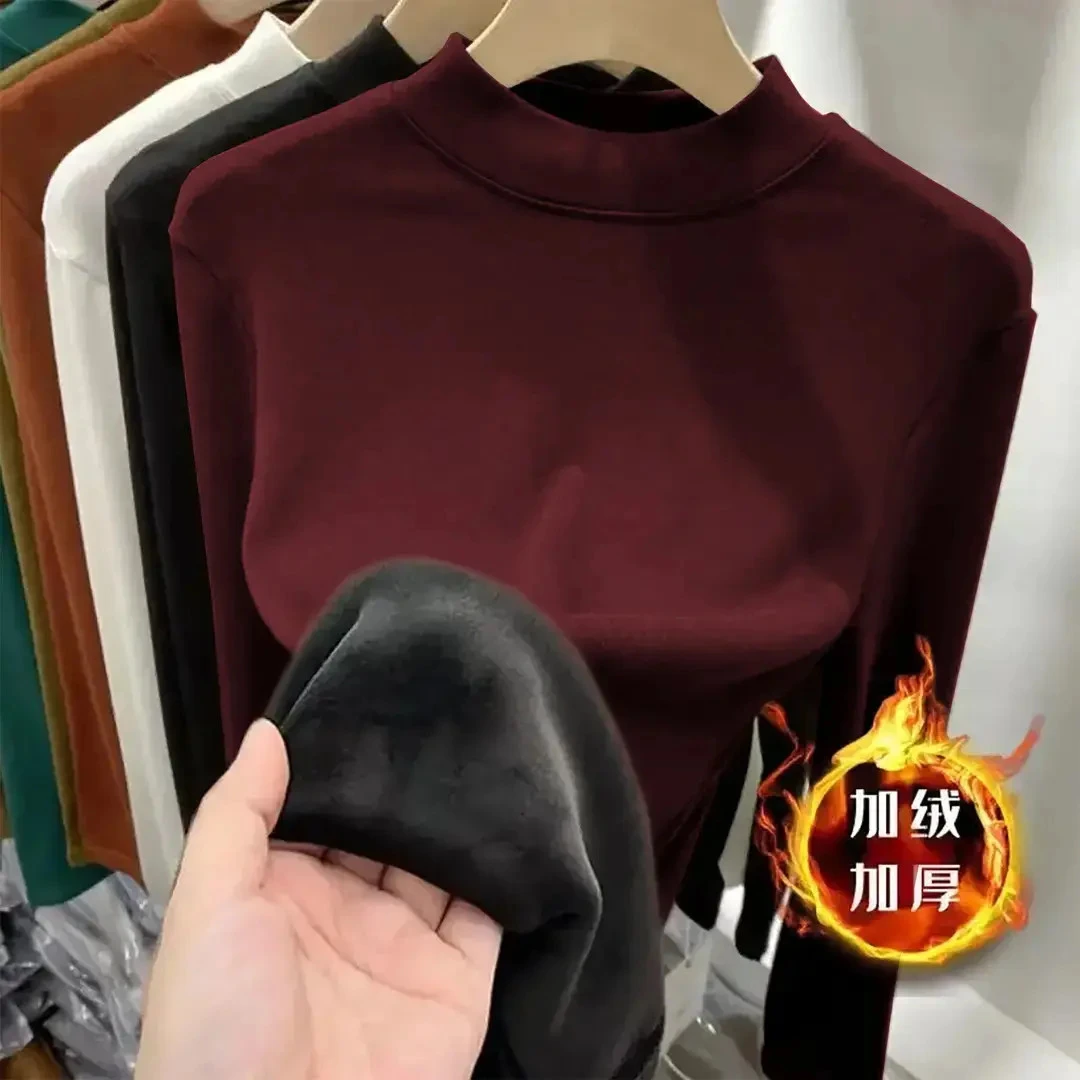 加厚银狐绒秋冬必备加厚打底衫女长袖圆领百搭韩版修身保暖上衣