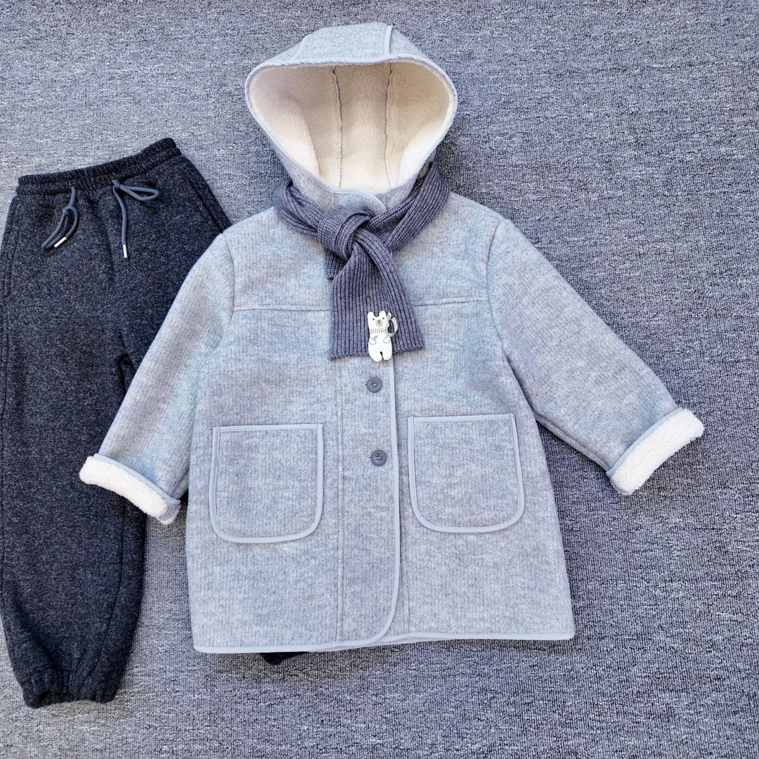 【小哥童装】男童冬款围巾净色呢大衣加厚款韩版时尚中大童DY80111