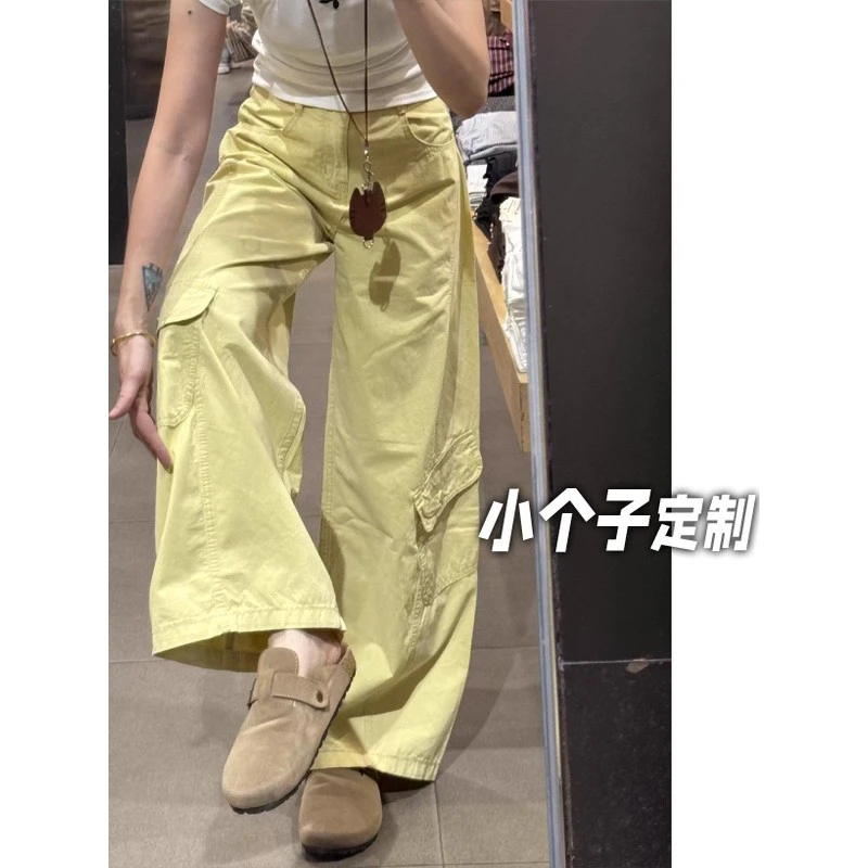 150小矮个子设计感工装牛仔裤女秋高腰显瘦拖地裤复古垂感阔腿裤