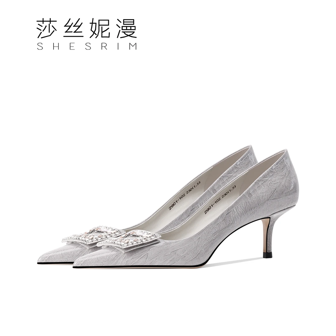 时尚方扣高跟鞋女2025春季新款真皮百搭通勤尖头细跟女士浅口单鞋