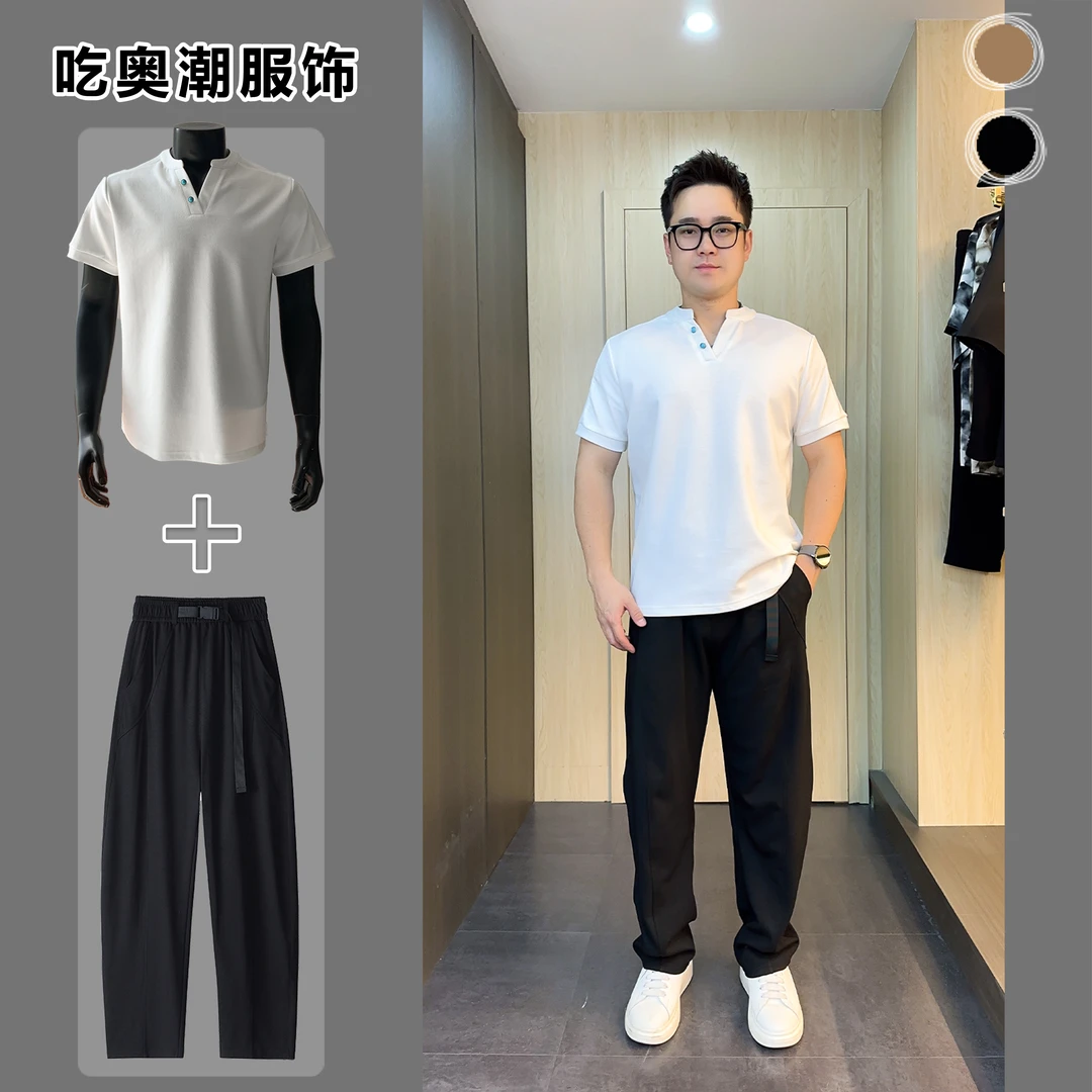 夏季男士韩版纯色简约V领正肩短袖百搭绿松石半袖T恤打底衫潮1079