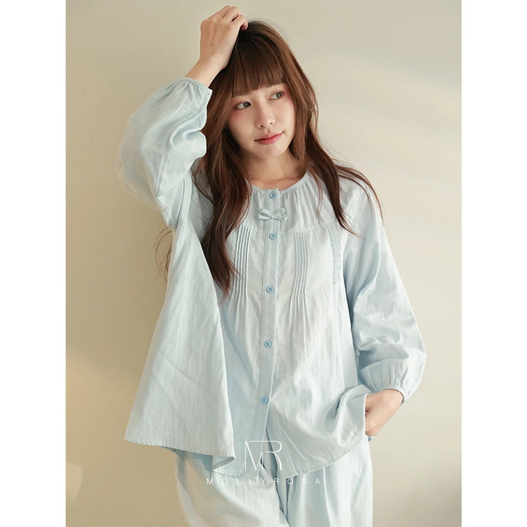 海盐蓝·甜美蝴蝶结纯色系长袖长裤睡衣套装纯棉家居服秋季可外穿