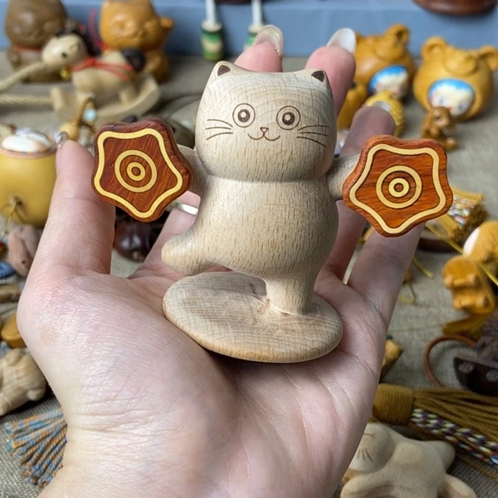 银S925榉木小猫咪车摆件