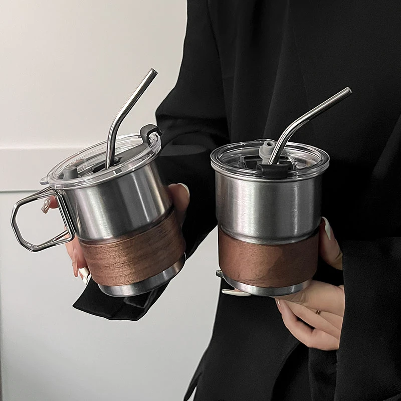 304不锈钢水杯茶杯带盖子户外露营杯餐厅啤酒杯冷饮杯防烫咖啡杯