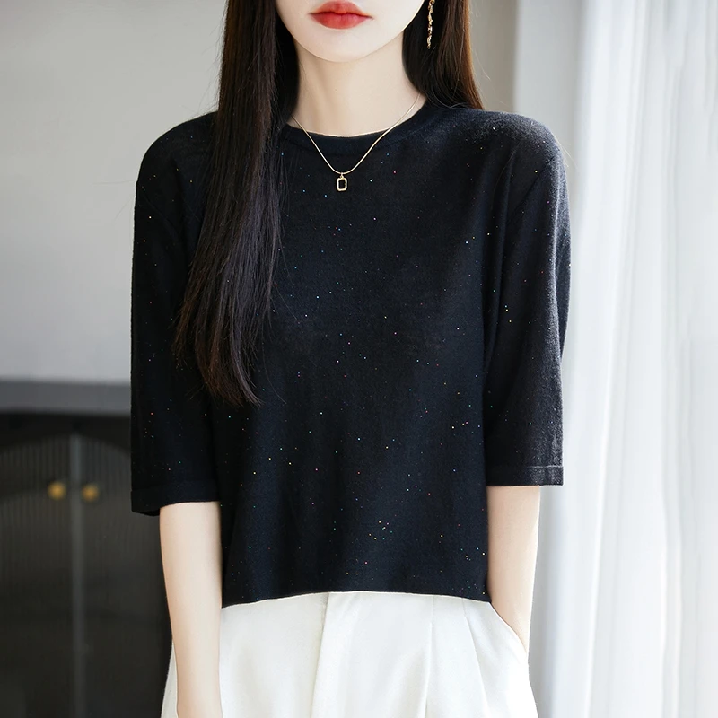 夏季超细水溶羊毛短袖女时尚圆领珠片半袖宽松百搭套头T恤NS5081