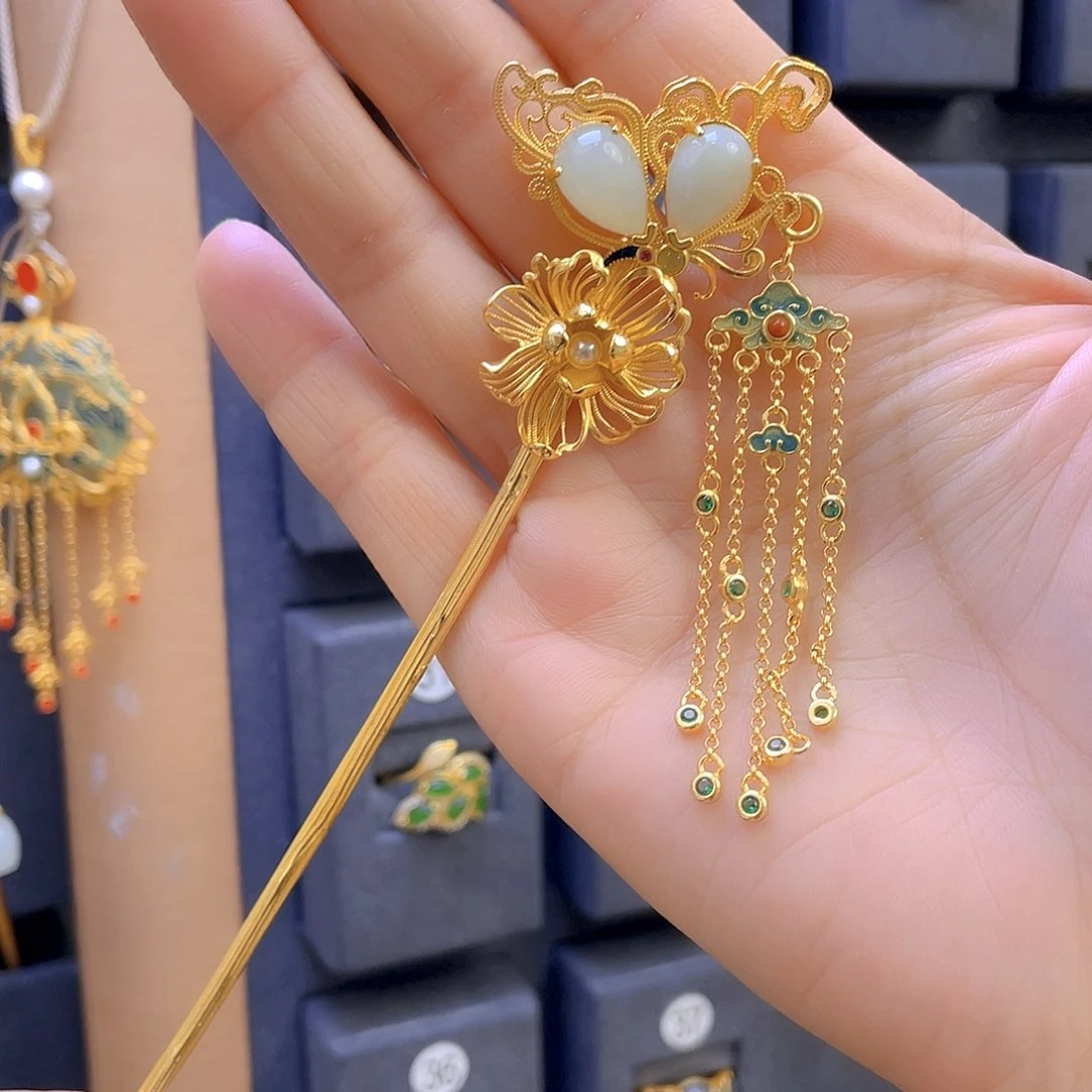 和田玉发饰银S925镀金镶嵌