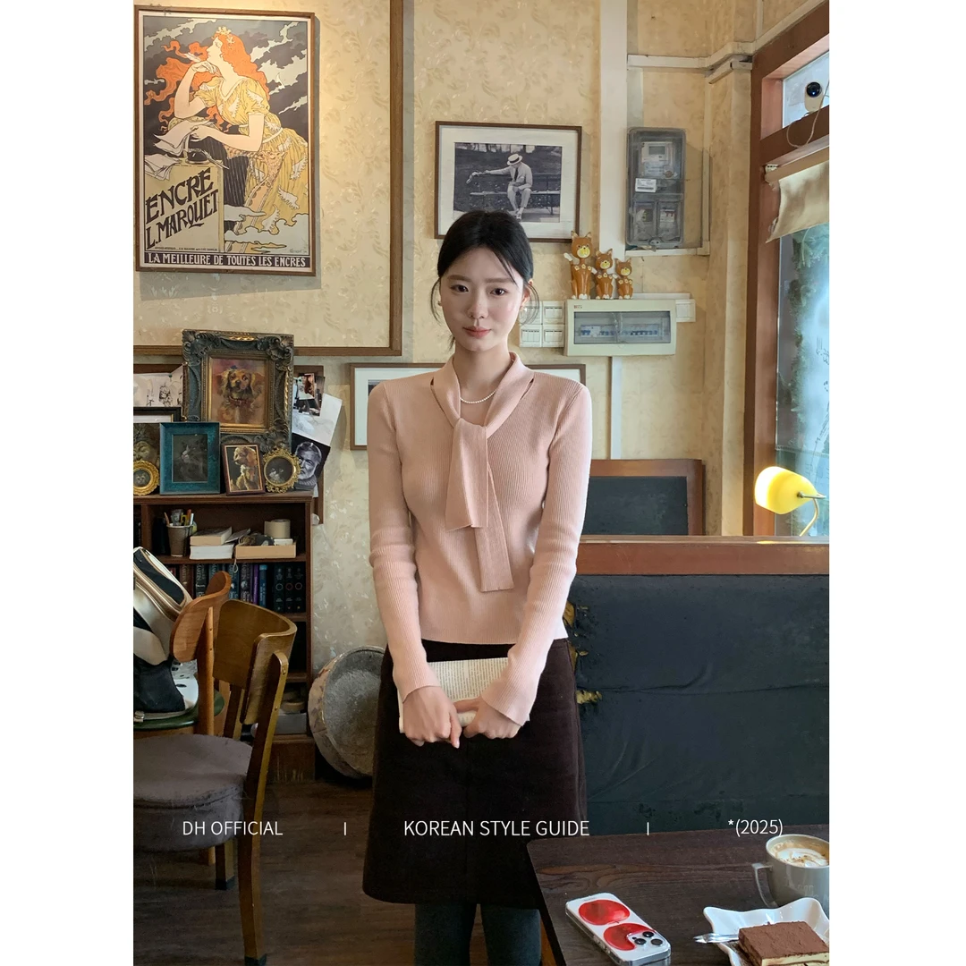 DH OFFICIAL 大花【温柔低语 gentle】韩系毛针织衫设计款飘带V领