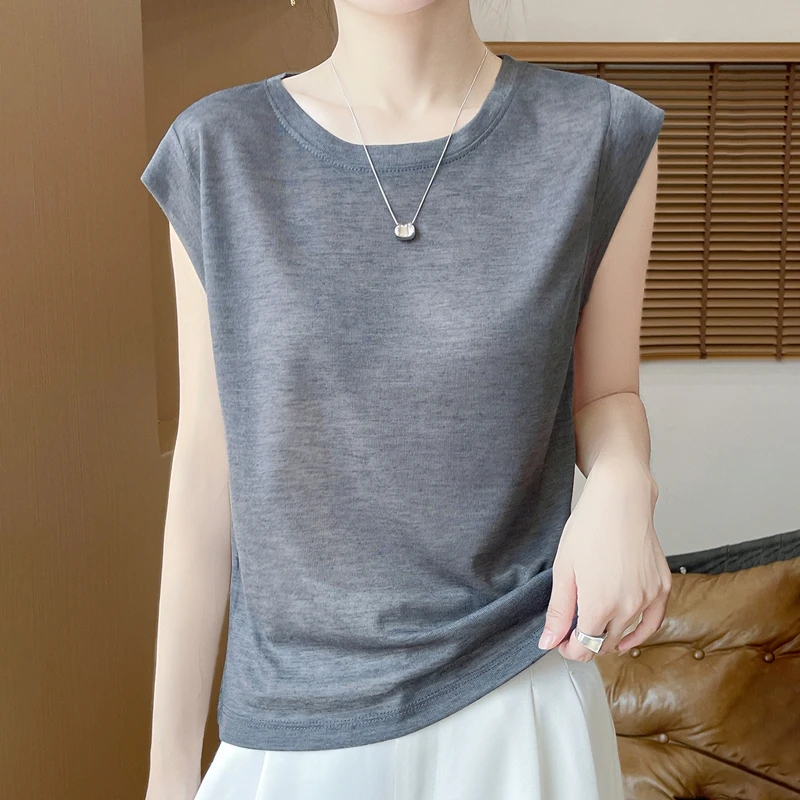 夏季圆领超薄微透莱塞尔天丝针织短袖女小飞袖高级感T恤背心上衣
