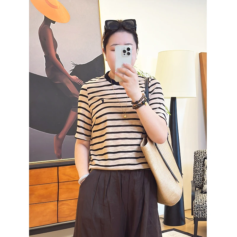 【2025新款】夏季有弹短袖圆领双色条纹时尚减龄T恤胖MM120-250斤
