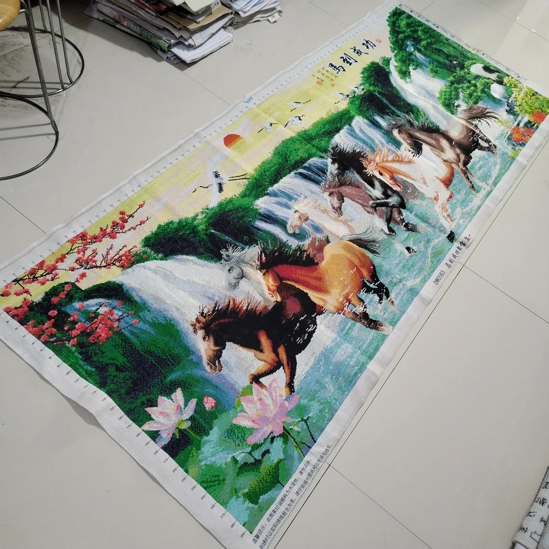 纯手工绣好的十字绣成品马到成功聚宝盆山水风景客厅简约装饰挂画