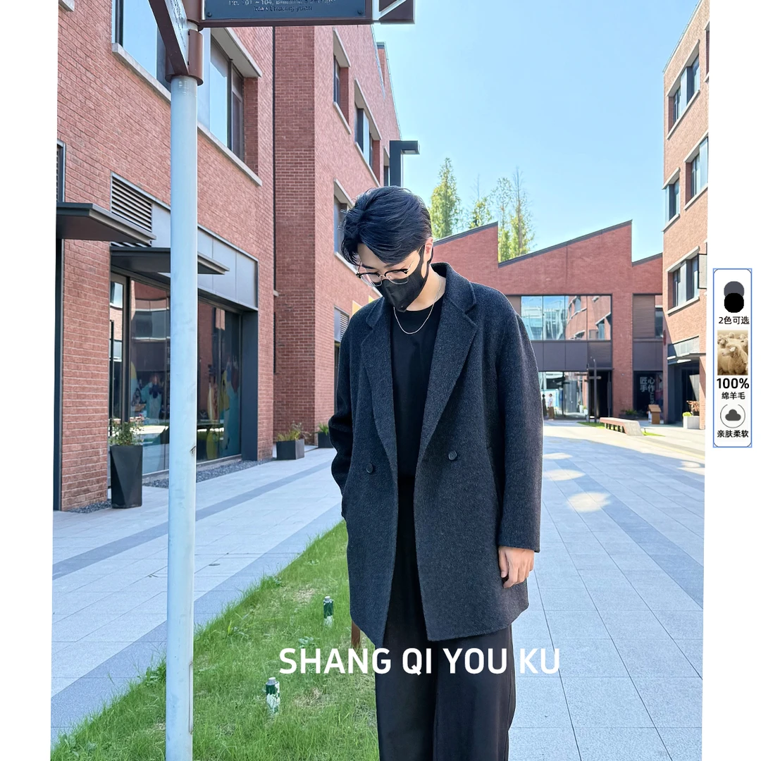 100%纯羊毛双面呢男士大衣中长款落肩袖宽松微胖冬季风衣外套男款
