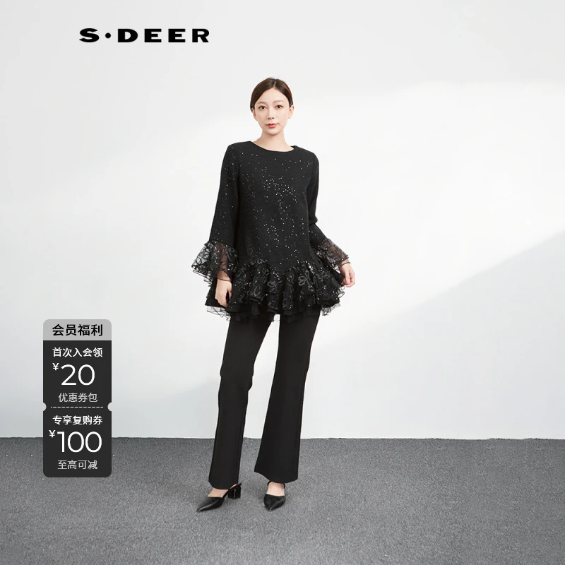 S·DEER圣迪奥秋冬设计师轻奢气质显瘦百搭时尚网纱蕾丝早秋显瘦